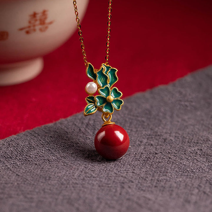 Buddha Stones 925スターリングシルバーメッキゴールドシナバーパールフラワーブレッシングネックレスペンダントイヤリングリングセット