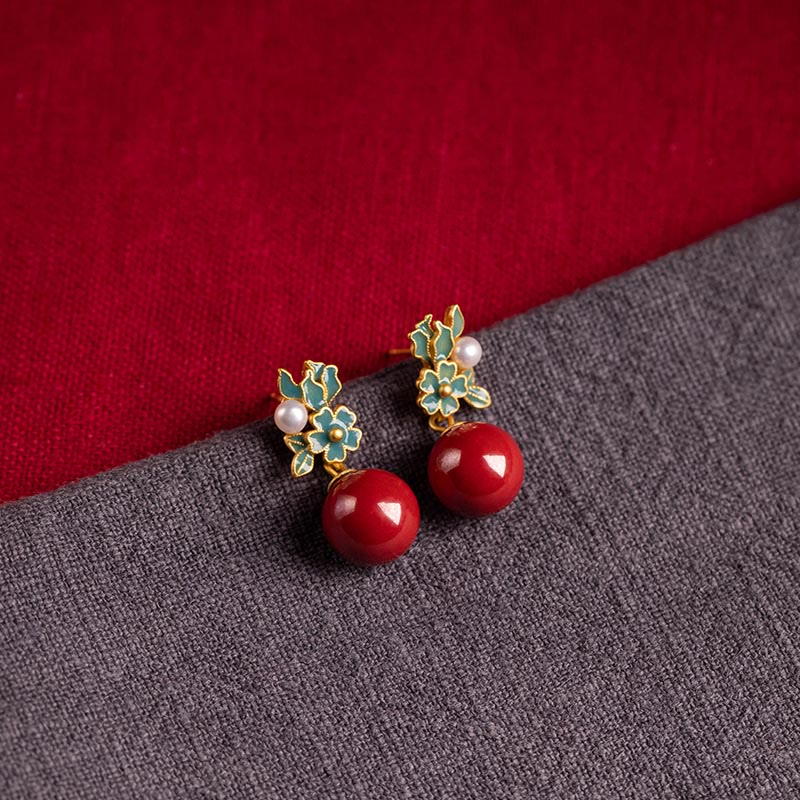 Buddha Stones 925スターリングシルバーメッキゴールドシナバーパールフラワーブレッシングネックレスペンダントイヤリングリングセット