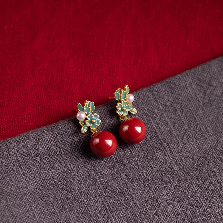 Buddha Stones 925スターリングシルバーメッキゴールドシナバーパールフラワーブレッシングネックレスペンダントイヤリングリングセット