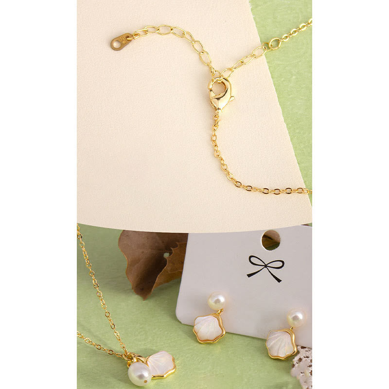 Buddha Stonesイチョウ シャコガイ 石 パールビーズ 銅製 祝福ネックレス ペンダント リング イヤリング セット