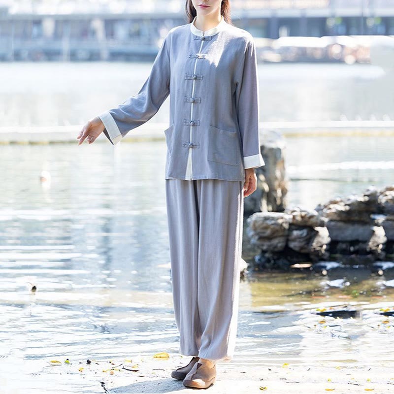 Buddha Stones 2点 カエルボタン 長袖シャツ トップパンツ 瞑想 禅 太極拳 コットンリネン 衣類 レディース セット - グレー(トップス&パンツ) - US8-10,UK/AU12-14,EU40-42 (2XL) - image 5