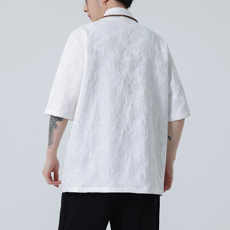 Buddha Stones無地ジャカードフロッグボタンチャイナ半袖シャツメンズTシャツ