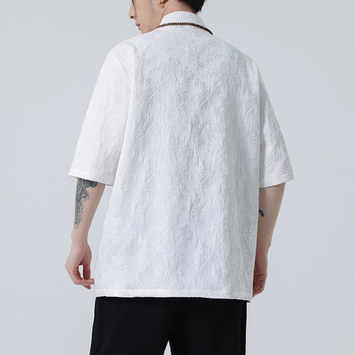 Buddha Stones無地ジャカードフロッグボタンチャイナ半袖シャツメンズTシャツ