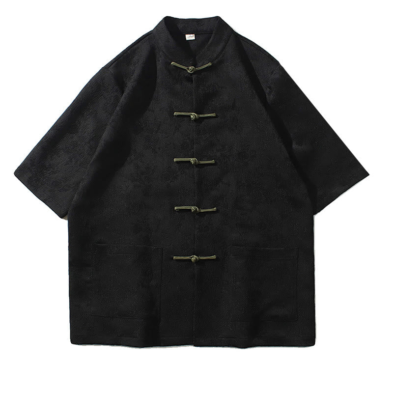 Buddha Stones無地ジャカードフロッグボタンチャイナ半袖シャツメンズTシャツ