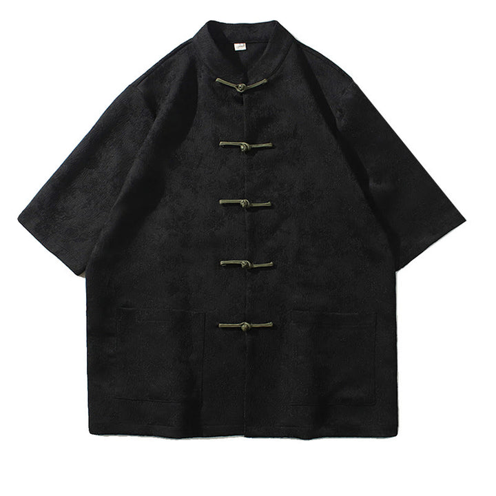 Buddha Stones無地ジャカードフロッグボタンチャイナ半袖シャツメンズTシャツ