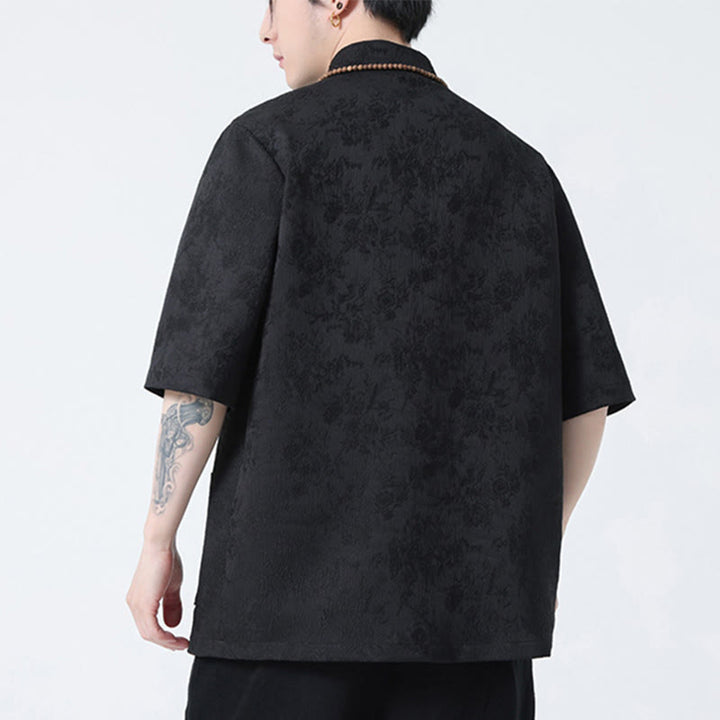 Buddha Stones無地ジャカードフロッグボタンチャイナ半袖シャツメンズTシャツ