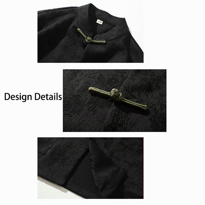 Buddha Stones無地ジャカードフロッグボタンチャイナ半袖シャツメンズTシャツ