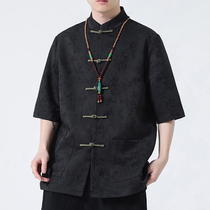 Buddha Stones無地ジャカードフロッグボタンチャイナ半袖シャツメンズTシャツ