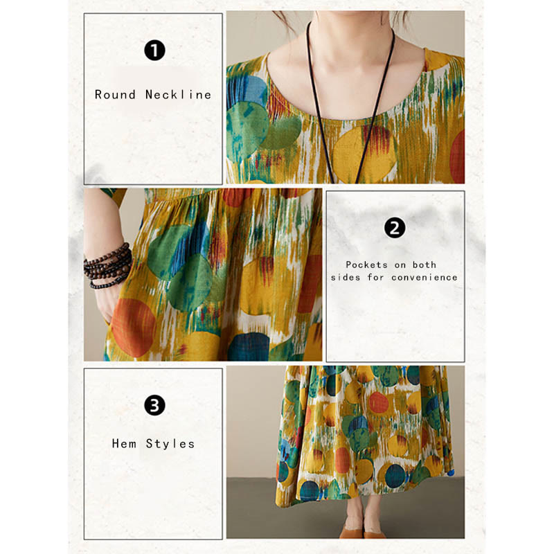 Buddha Stonesオレンジグリーンカラフル水玉模様ミディドレスコットン半袖チュニックドレスポケット付き - image 18