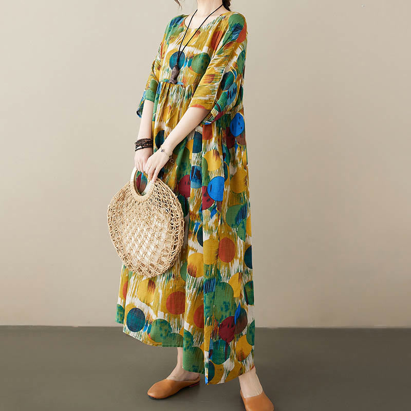 Buddha Stonesオレンジグリーンカラフル水玉模様ミディドレスコットン半袖チュニックドレスポケット付き - グリーン(ドレスのみ) - F(バスト142cm/裾幅130cm/着丈120cm) - image 11