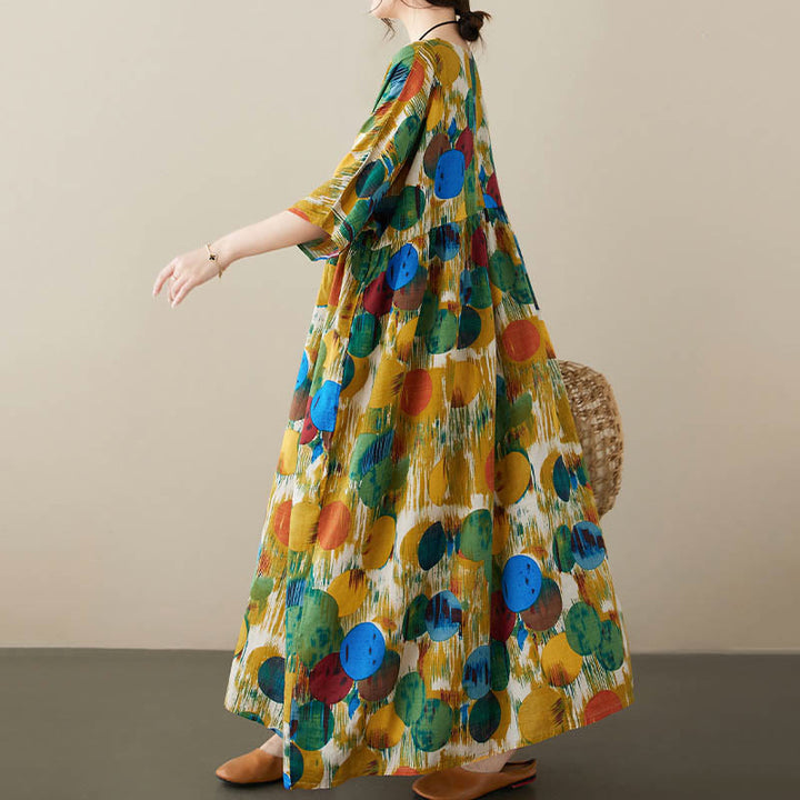 Buddha Stonesオレンジグリーンカラフル水玉模様ミディドレスコットン半袖チュニックドレスポケット付き - image 12