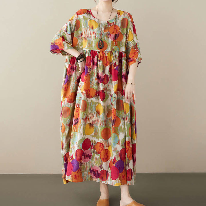 Buddha Stonesオレンジグリーンカラフル水玉模様ミディドレスコットン半袖チュニックドレスポケット付き - image 2