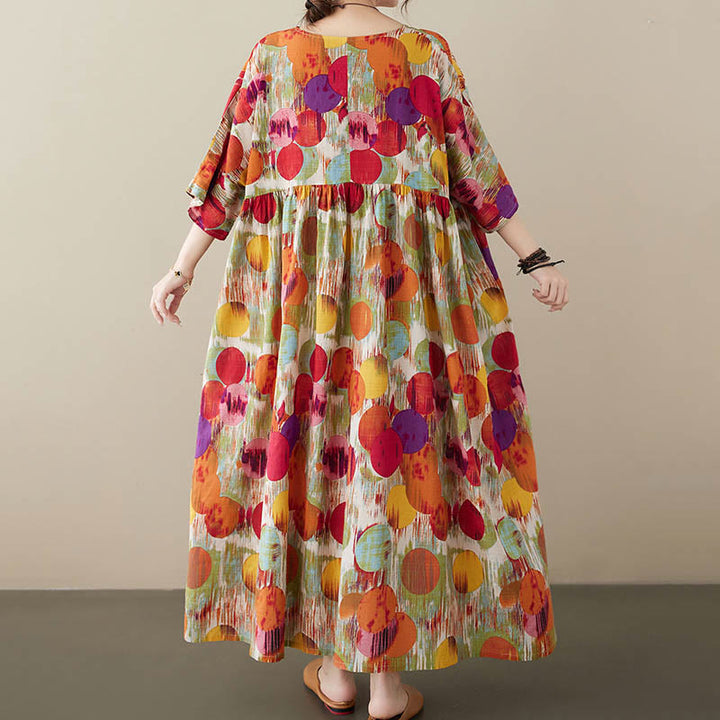 Buddha Stonesオレンジグリーンカラフル水玉模様ミディドレスコットン半袖チュニックドレスポケット付き - image 7