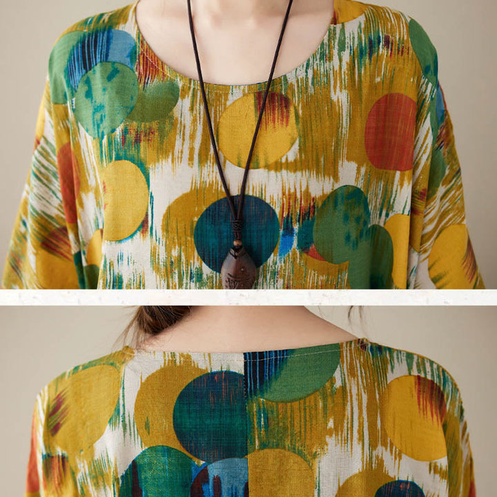 Buddha Stonesオレンジグリーンカラフル水玉模様ミディドレスコットン半袖チュニックドレスポケット付き - image 19