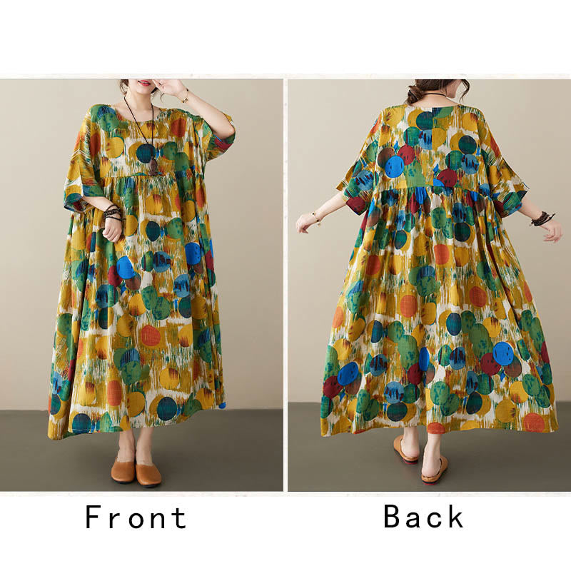 Buddha Stonesオレンジグリーンカラフル水玉模様ミディドレスコットン半袖チュニックドレスポケット付き - image 15