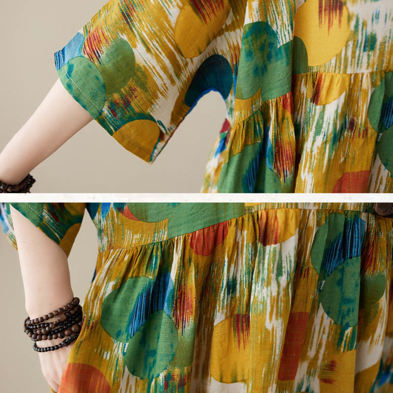 Buddha Stonesオレンジグリーンカラフル水玉模様ミディドレスコットン半袖チュニックドレスポケット付き - image 20