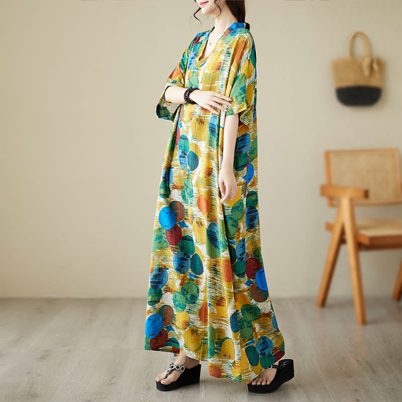 Buddha Stonesオレンジブルーカラフル水玉模様ミディドレスコットン半袖ドレスポケット付き