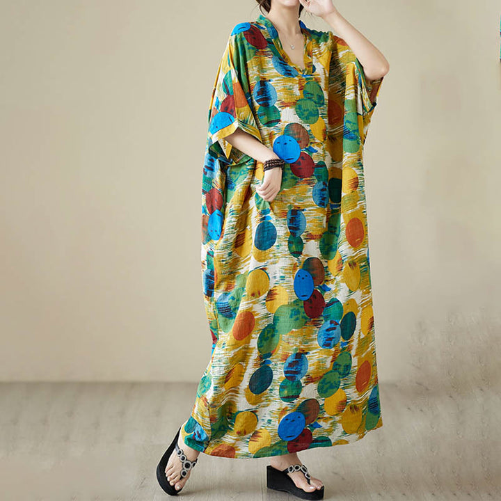 Buddha Stonesオレンジブルーカラフル水玉模様ミディドレスコットン半袖ドレスポケット付き