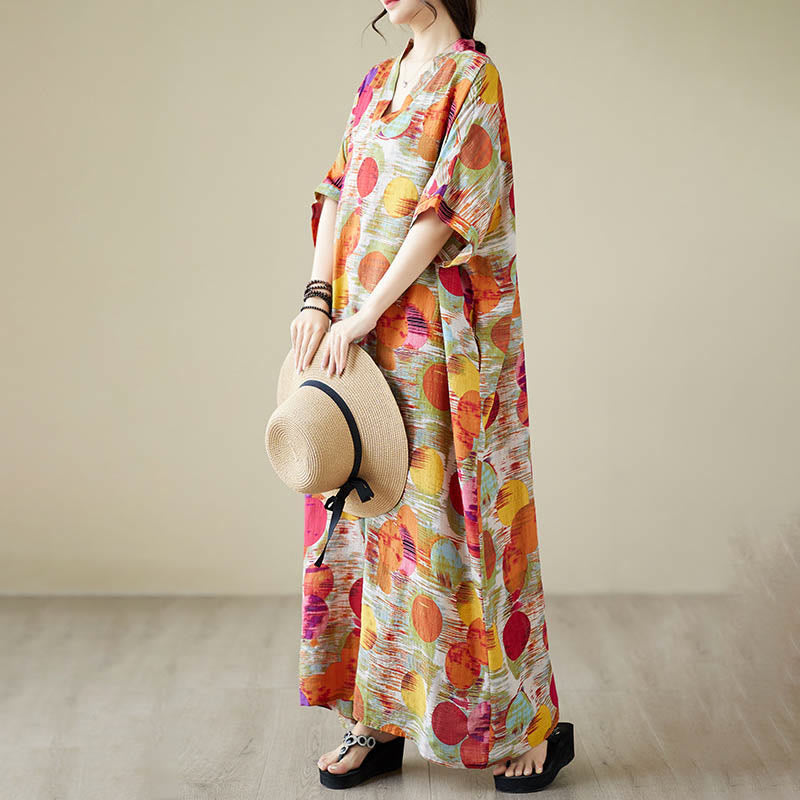 Buddha Stonesオレンジブルーカラフル水玉模様ミディドレスコットン半袖ドレスポケット付き