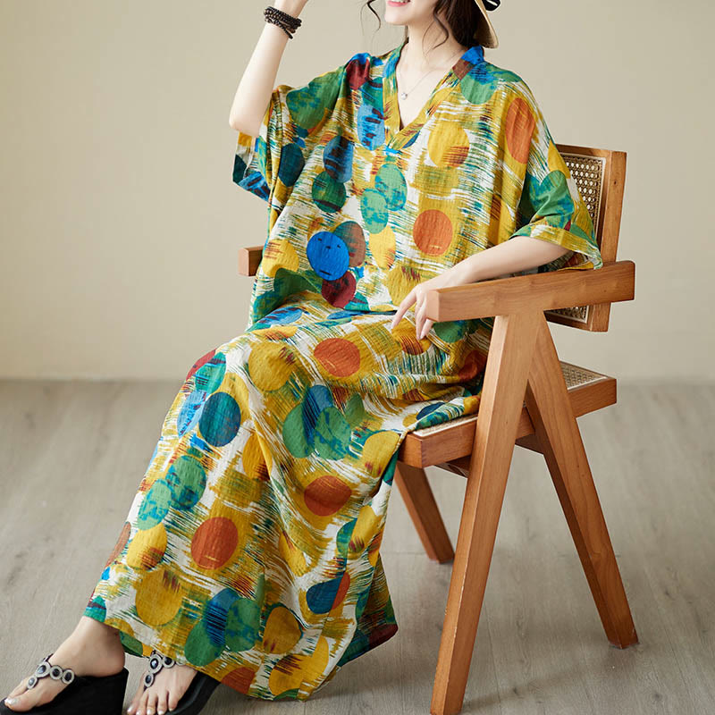 Buddha Stonesオレンジブルーカラフル水玉模様ミディドレスコットン半袖ドレスポケット付き