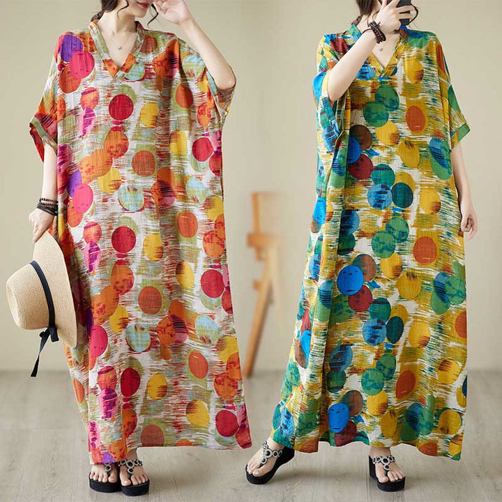 Buddha Stonesオレンジブルーカラフル水玉模様ミディドレスコットン半袖ドレスポケット付き