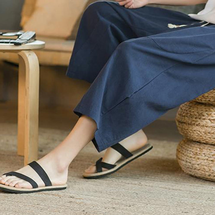 Buddha Stones無地ミドル丈リネンメンズワイドレッグパンツ(ポケット付き) - image 15