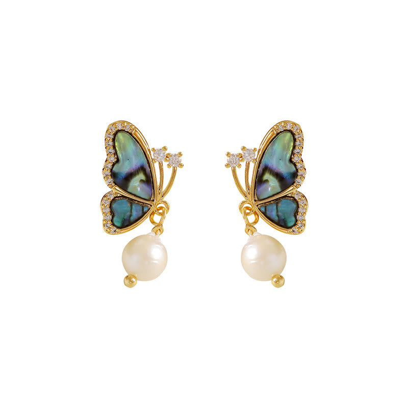 Buddha Stones18Kゴールドメッキ 銅パール バタフライ ラブ スタッドピアス