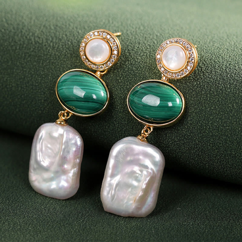 Buddha Stones925スターリングシルバー 天然バロックパール マラカイト ヒーリングウィズダム ドロップイヤリング