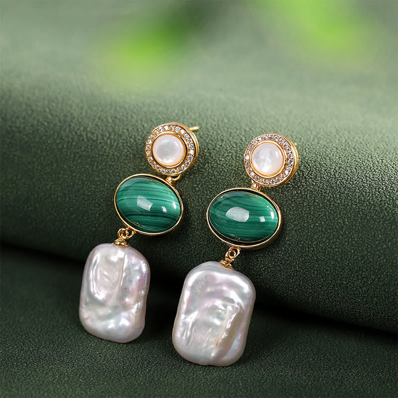 Buddha Stones925スターリングシルバー 天然バロックパール マラカイト ヒーリングウィズダム ドロップイヤリング