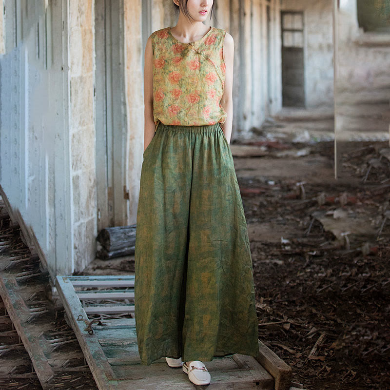 Buddha Stonesグリーンイエローラミーリネン フレキシブルウエストバンド ワイドレッグパンツ ポケット付き