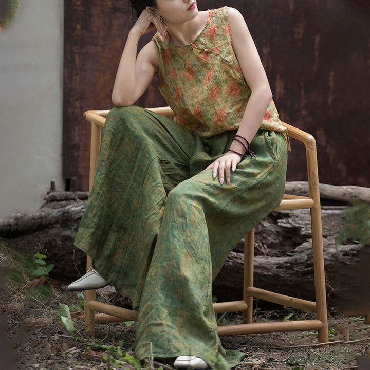 Buddha Stonesグリーンイエローラミーリネン フレキシブルウエストバンド ワイドレッグパンツ ポケット付き