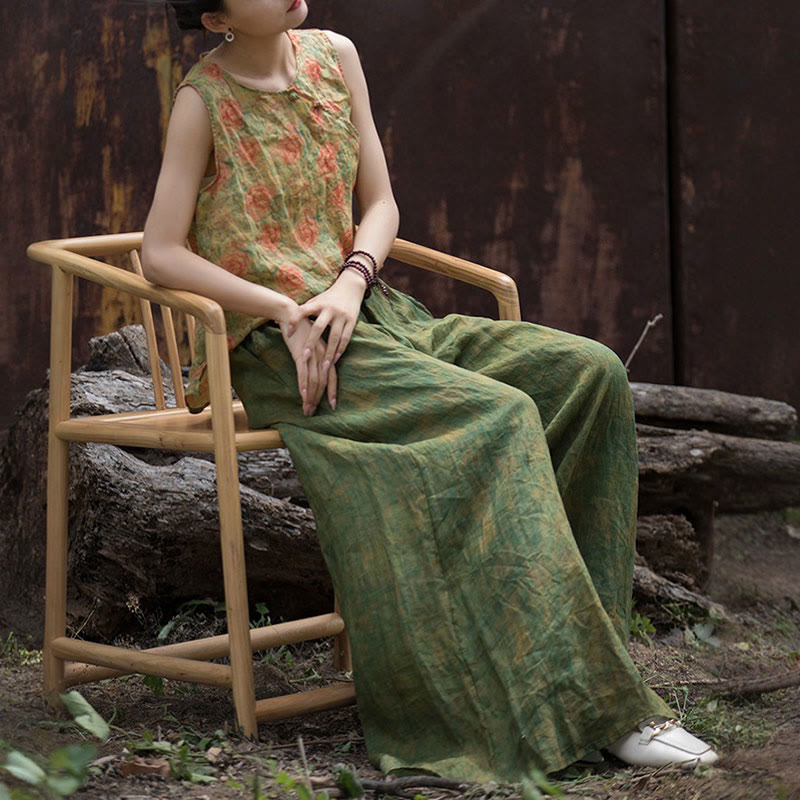 Buddha Stonesグリーンイエローラミーリネン フレキシブルウエストバンド ワイドレッグパンツ ポケット付き