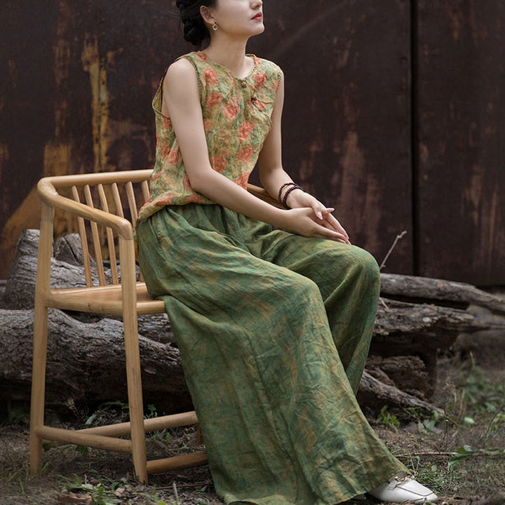 Buddha Stonesグリーンイエローラミーリネン フレキシブルウエストバンド ワイドレッグパンツ ポケット付き