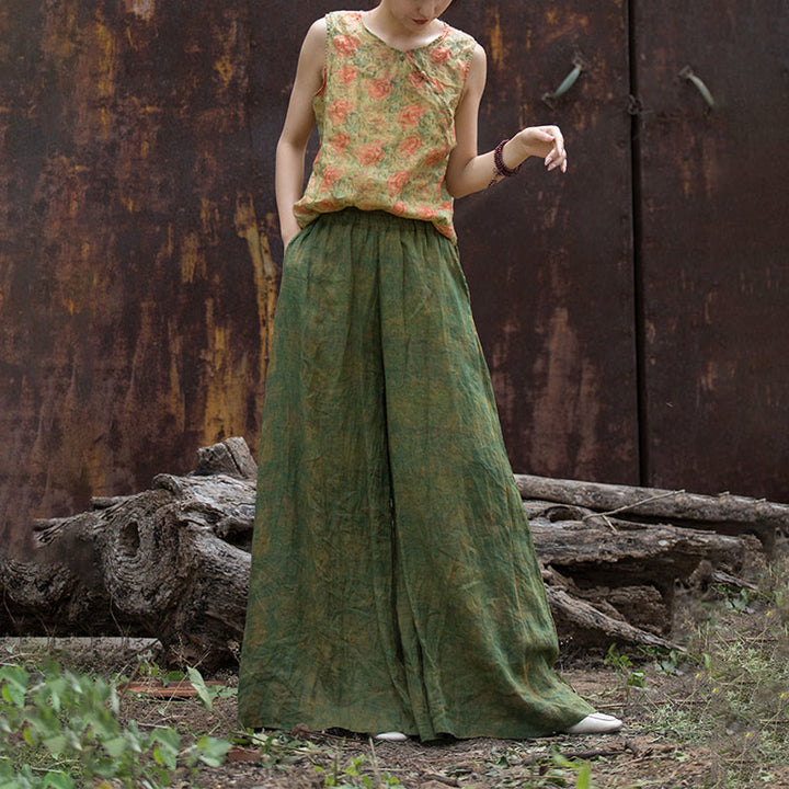 Buddha Stonesグリーンイエローラミーリネン フレキシブルウエストバンド ワイドレッグパンツ ポケット付き