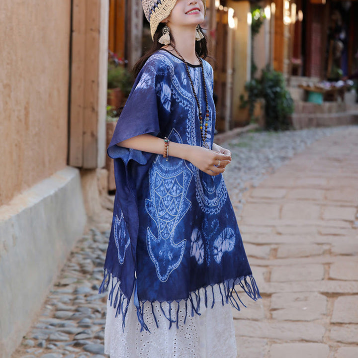 Buddha Stonesブルー ジオメトリ バティック ショール タッセル 着心地の良いトラベルプルオーバー 90×95cm