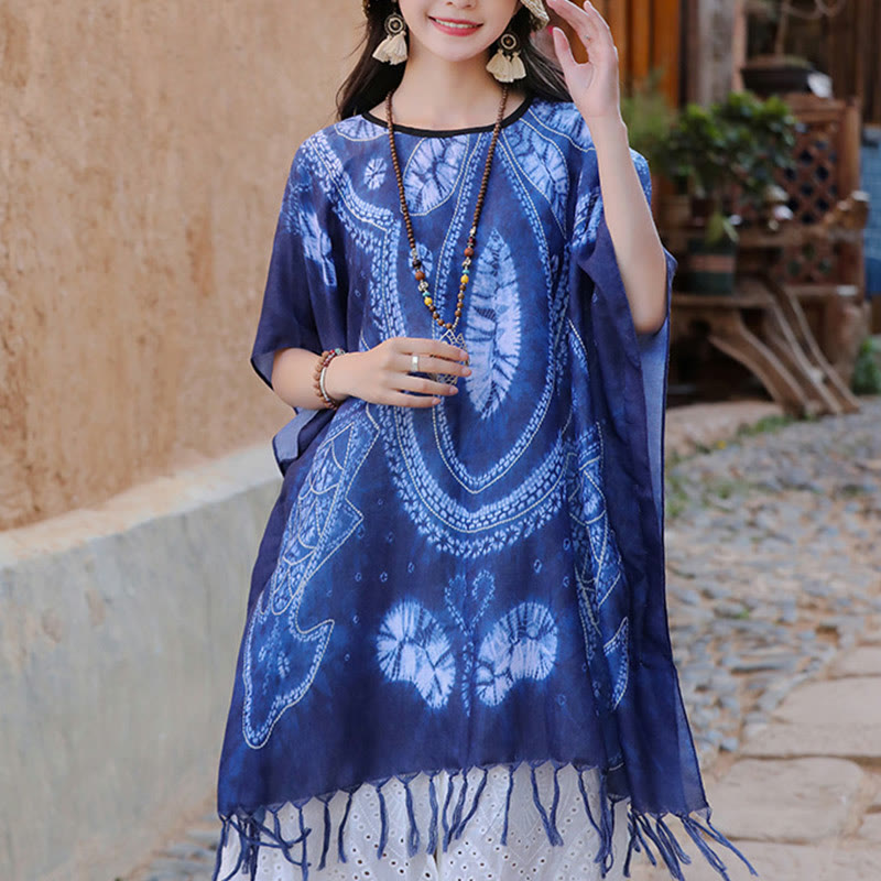 Buddha Stonesブルー ジオメトリ バティック ショール タッセル 着心地の良いトラベルプルオーバー 90×95cm