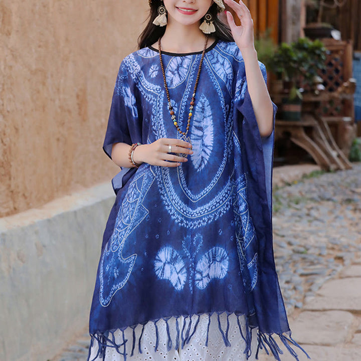 Buddha Stonesブルー ジオメトリ バティック ショール タッセル 着心地の良いトラベルプルオーバー 90×95cm