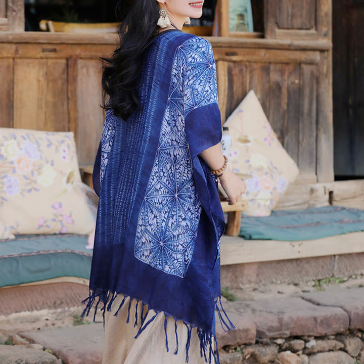 Buddha Stonesブルー 幾何学模様 ストライプ バティック ショール タッセル 着心地良い 旅行用プルオーバー 90*95cm