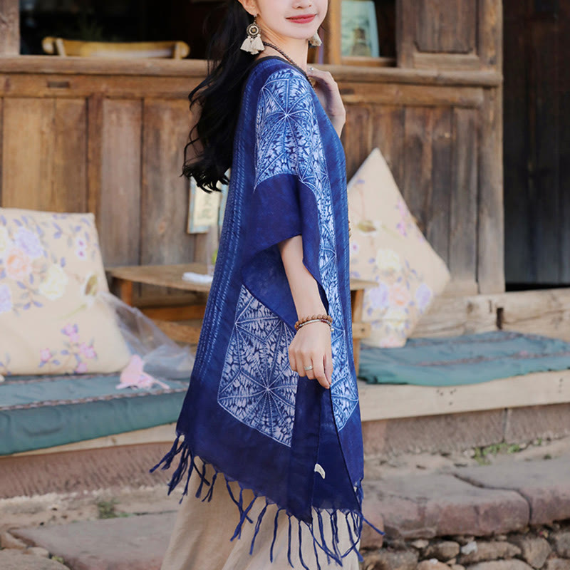 Buddha Stonesブルー 幾何学模様 ストライプ バティック ショール タッセル 着心地良い 旅行用プルオーバー 90*95cm