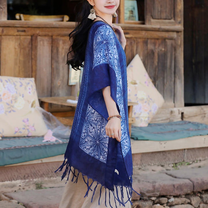 Buddha Stonesブルー 幾何学模様 ストライプ バティック ショール タッセル 着心地良い 旅行用プルオーバー 90*95cm
