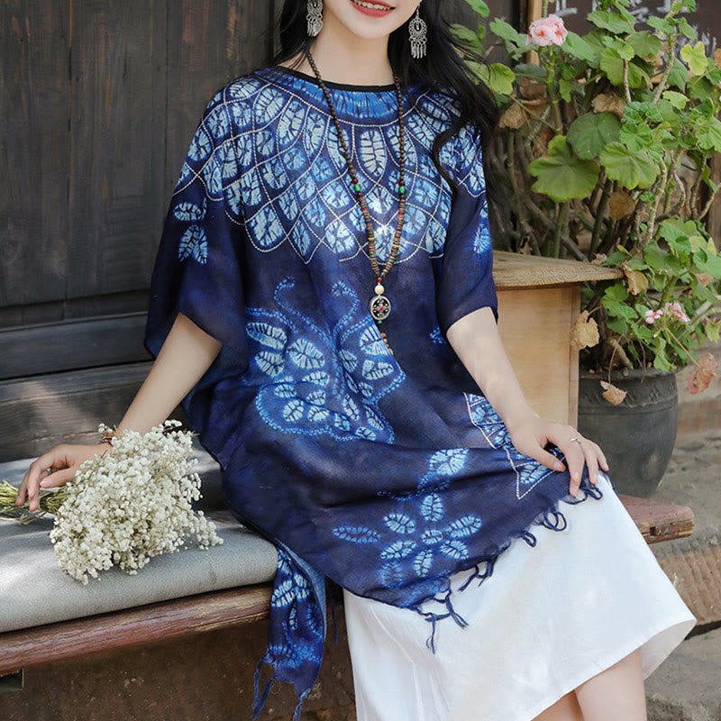 Buddha Stonesブルー バタフライ バティック ショール タッセル 着心地の良いトラベルプルオーバー 90×95cm