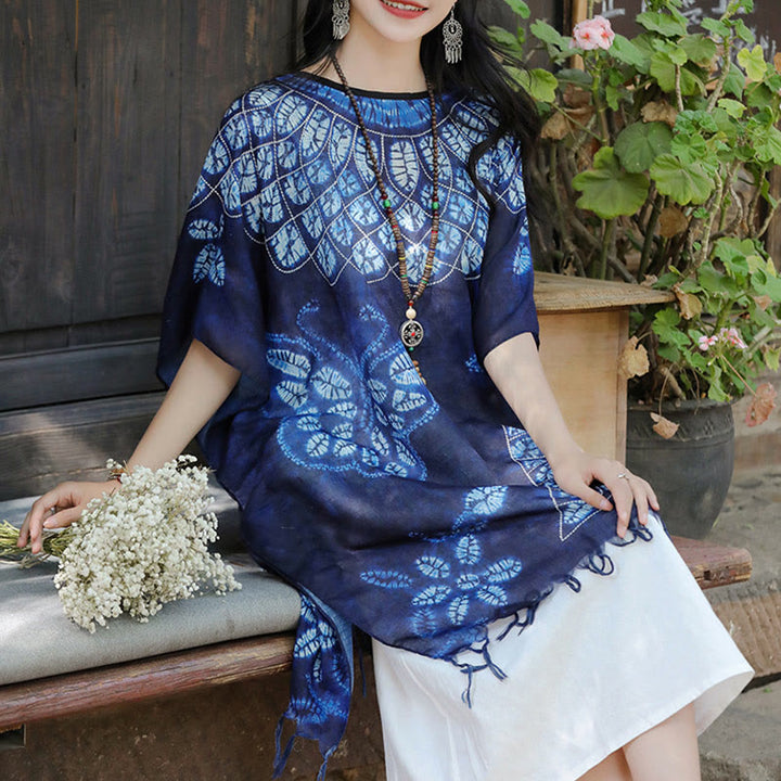 Buddha Stonesブルー バタフライ バティック ショール タッセル 着心地の良いトラベルプルオーバー 90×95cm