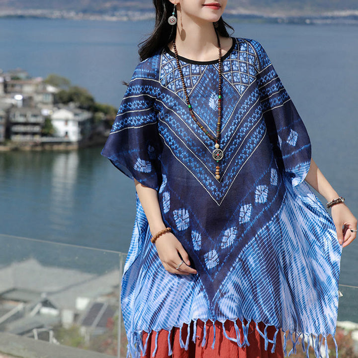 Buddha Stonesブルー トライアングル ストライプ バティック ショール ソフト プルオーバー 90*95cm