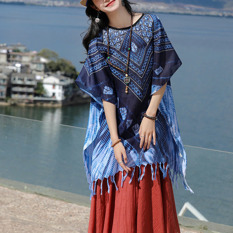 Buddha Stonesブルー トライアングル ストライプ バティック ショール ソフト プルオーバー 90*95cm