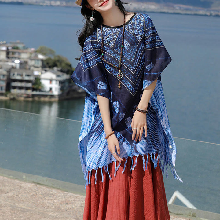 Buddha Stonesブルー トライアングル ストライプ バティック ショール ソフト プルオーバー 90*95cm