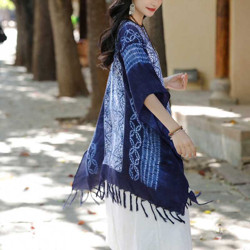 Buddha Stonesブルーストライプ 幾何学 藍染め ショール タッセル トラベル プルオーバー 90*95cm