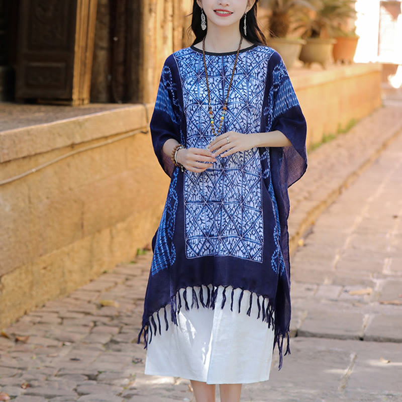 Buddha Stonesブルーストライプ 幾何学 藍染め ショール タッセル トラベル プルオーバー 90*95cm