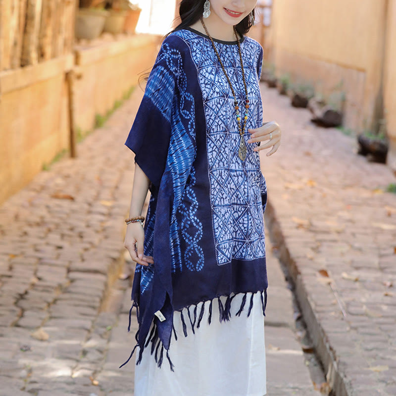 Buddha Stonesブルーストライプ 幾何学 藍染め ショール タッセル トラベル プルオーバー 90*95cm