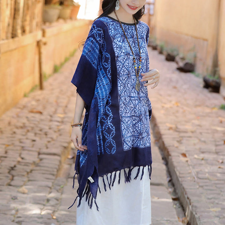 Buddha Stonesブルーストライプ 幾何学 藍染め ショール タッセル トラベル プルオーバー 90*95cm