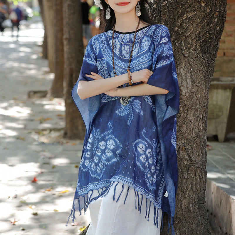 Buddha Stonesブルーバタフライ インディゴ染め ショール タッセル 着心地良い 旅行用プルオーバー 90*95cm